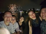 Pianovers Sailaway Pre-Event Shoot, Sng Yong Meng, Elyn, Hui Jie, Karina, and Abel with fireworks in the background
