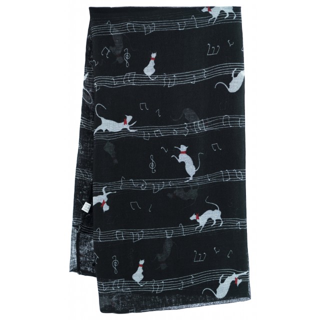 Piano Music Notes with Cats Printed on Scarf (Black)